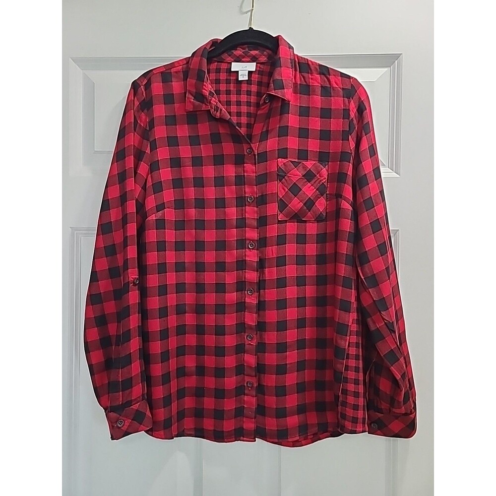 J. Jill Button Up Blouse Shirt Red & Black Buffalo Plaid Holiday Christmas XS